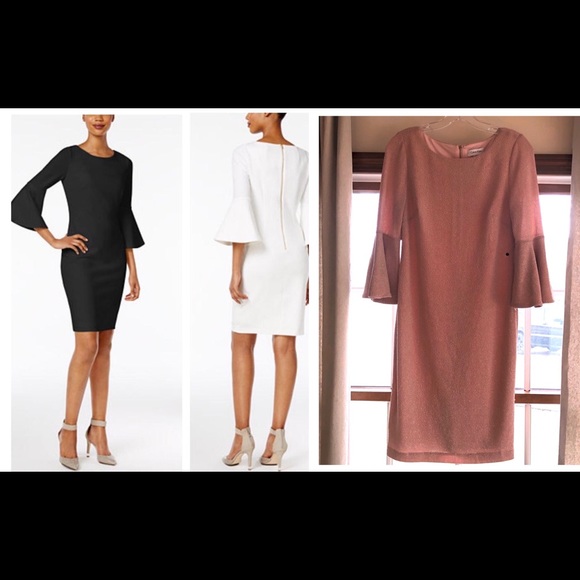 calvin klein embellished bell sleeve sheath dress